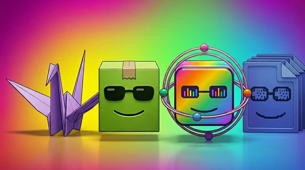The Mate-Squad — Etchify, packmate, echomate and inkmate as four mascot characters together.